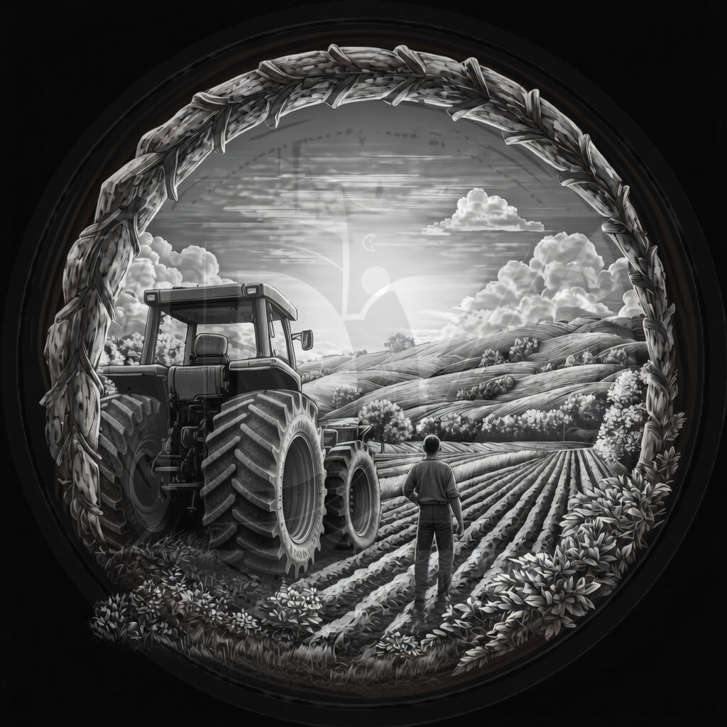 Tractor and person in a field with a circular frame effect