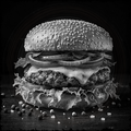 Black and white photo of a large burger with sesame seed bun, lettuce, and tomato on a dark background.