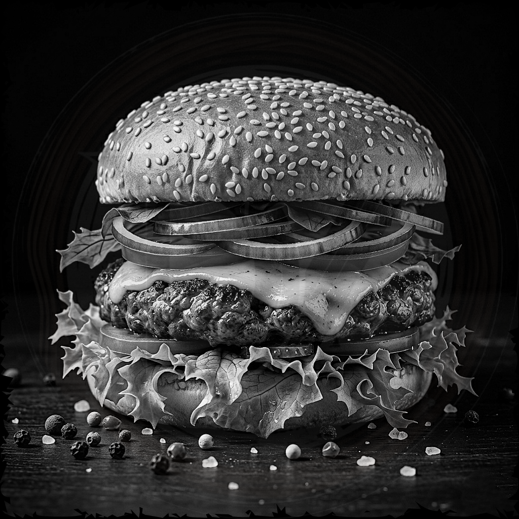 Black and white photo of a large burger with sesame seed bun, lettuce, and tomato on a dark background.