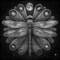 Artistic depiction of a dragonfly with celestial elements on a starry background