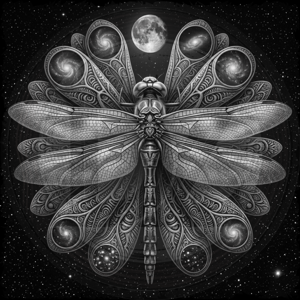 Artistic depiction of a dragonfly with celestial elements on a starry background