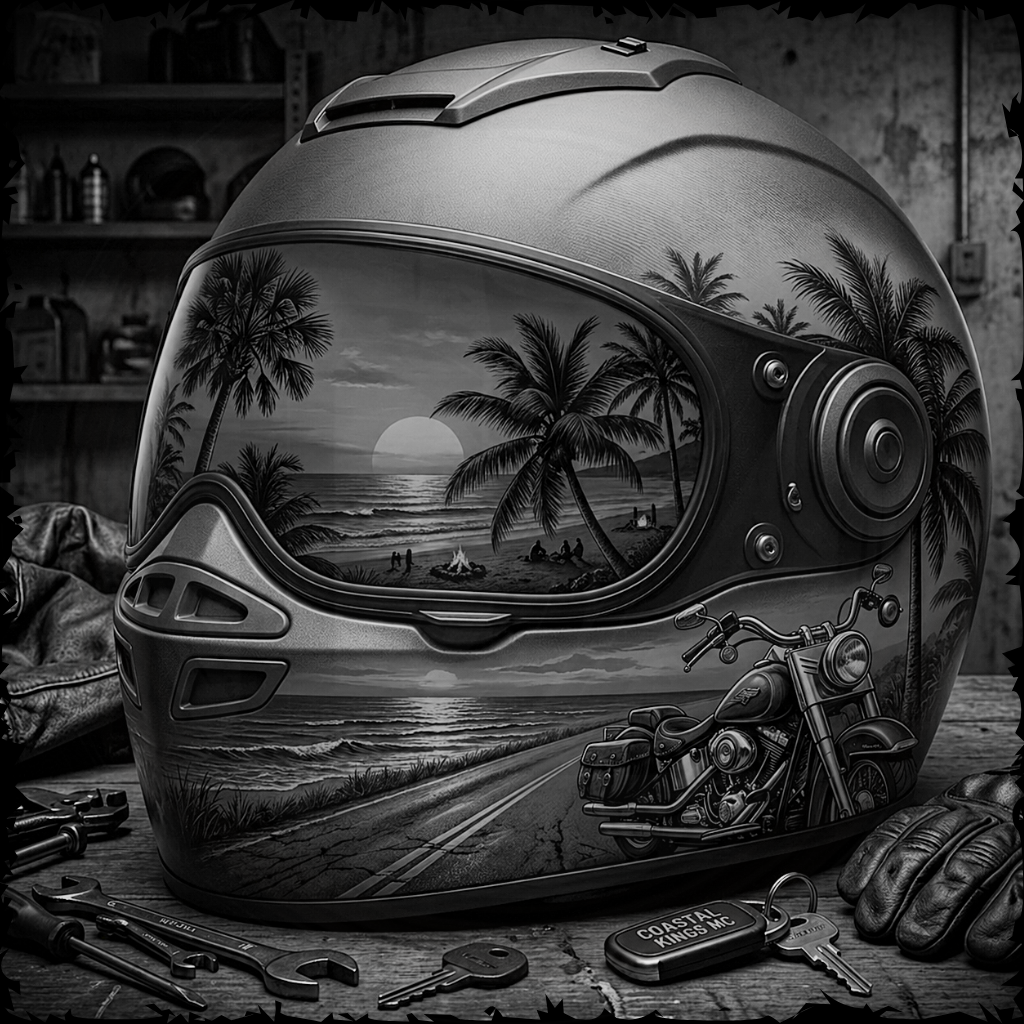 Motorcycle helmet with a scenic artwork of a beach and palm trees on a wooden surface.