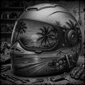 Motorcycle helmet with a scenic artwork of a beach and palm trees on a wooden surface.