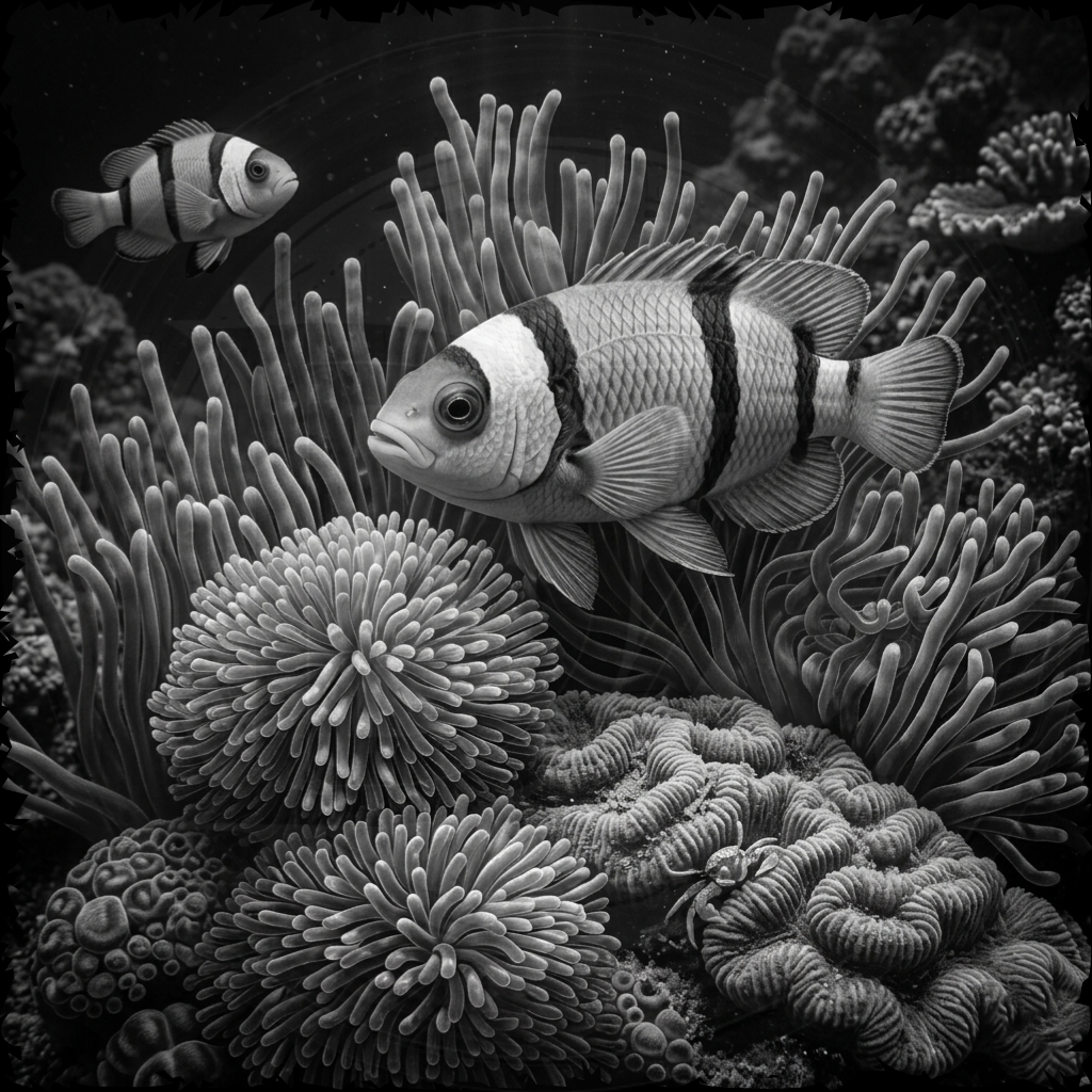 Black and white fish swimming among coral in an underwater scene
