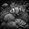 Black and white fish swimming among coral in an underwater scene
