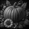 Black and white illustration of a pumpkin with flowers and leaves on a dark background