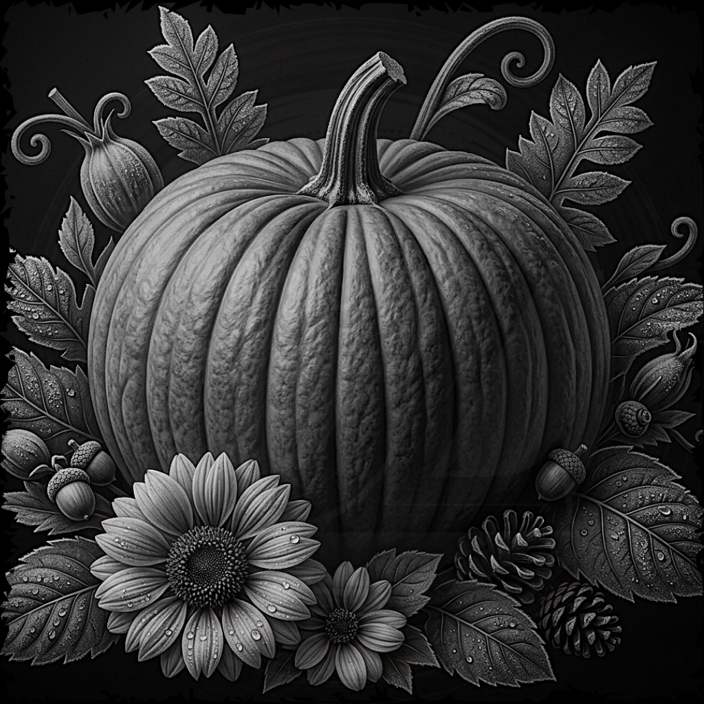 Black and white illustration of a pumpkin with flowers and leaves on a dark background
