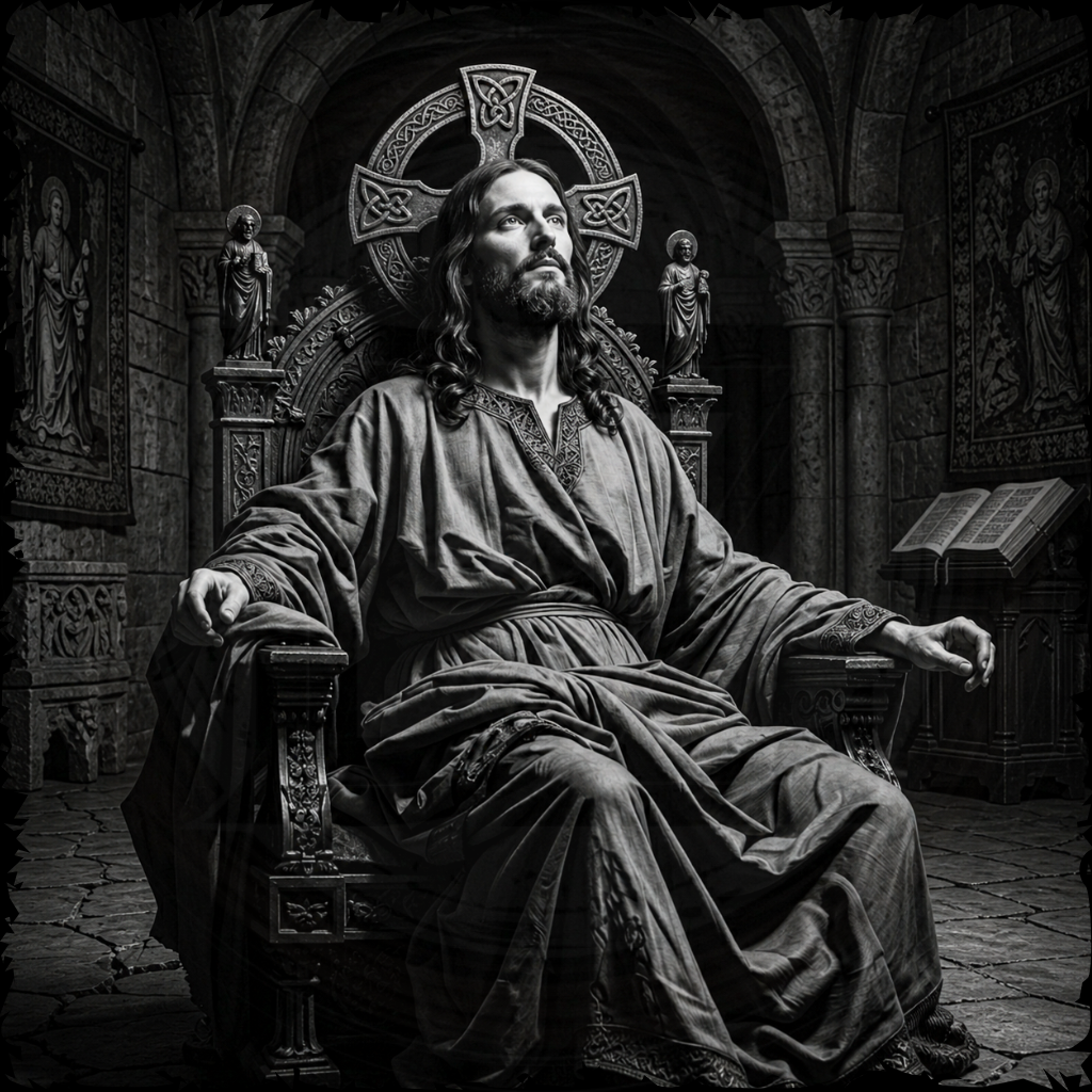 Man in robes sitting on a throne in a stone chamber with religious iconography.