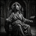 Man in robes sitting on a throne in a stone chamber with religious iconography.