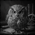 Black and white illustration of an owl with books and a wheel in the background