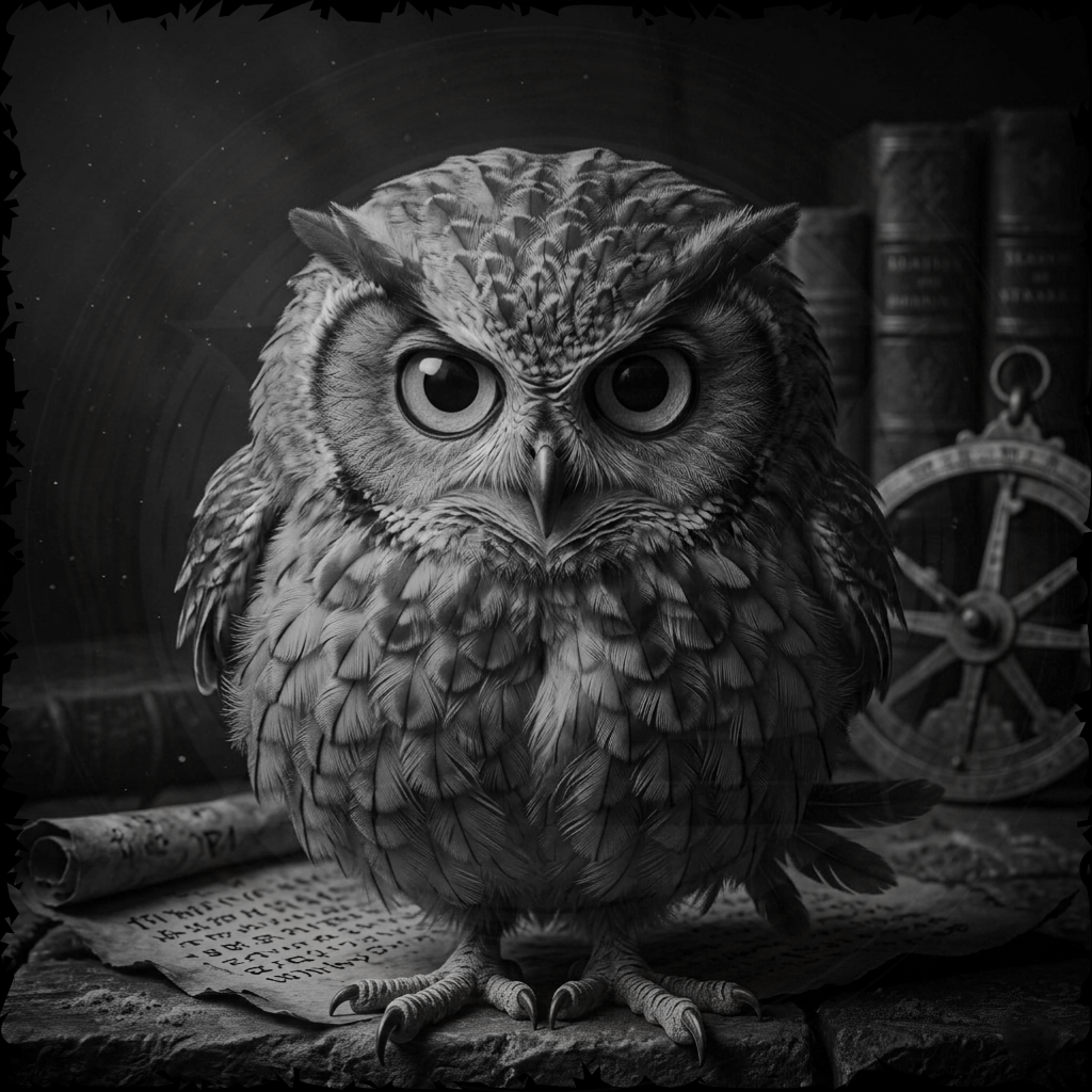 Black and white illustration of an owl with books and a wheel in the background
