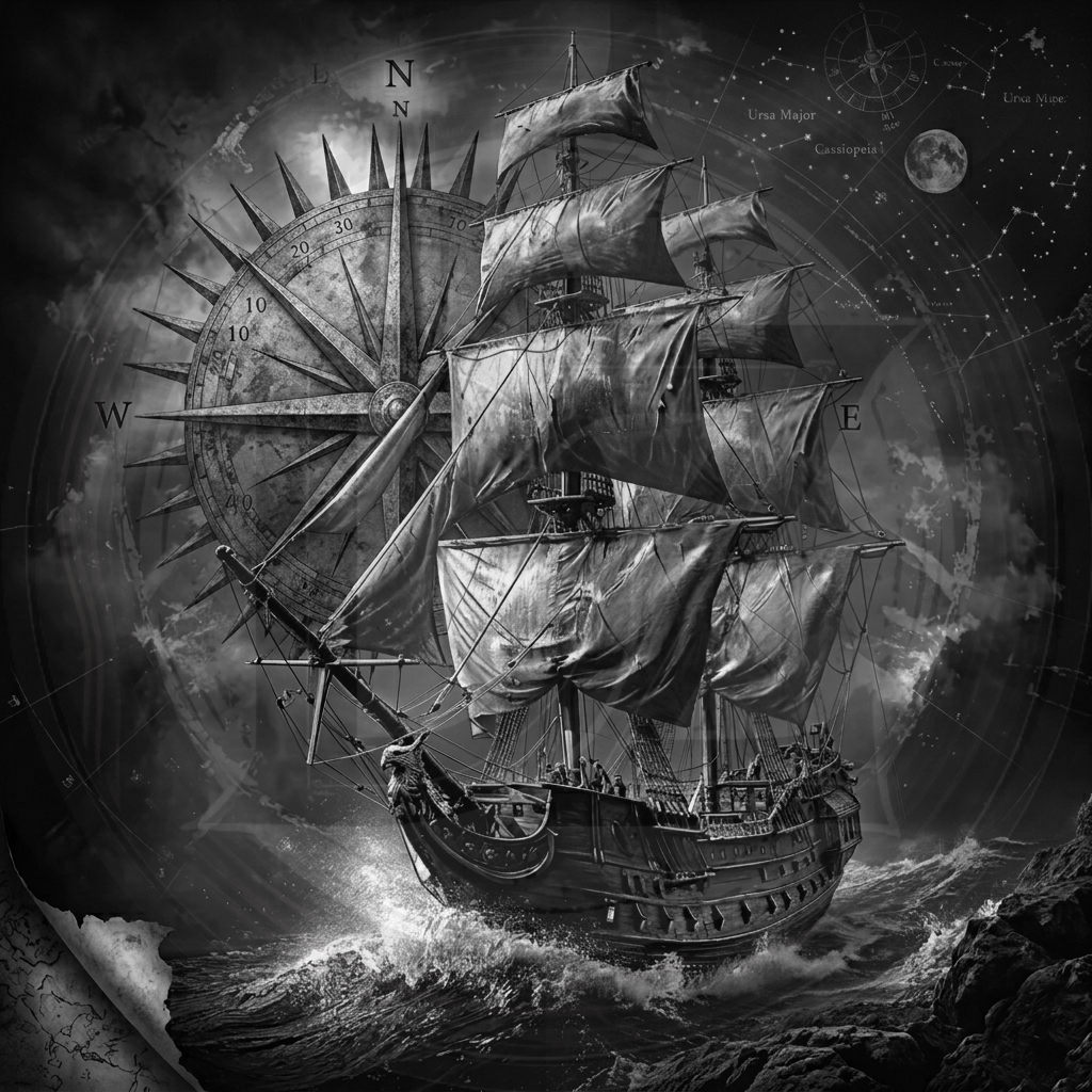 Vintage-style ship illustration with a compass and starry night sky