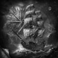 Vintage-style ship illustration with a compass and starry night sky