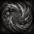 Black and white intricate design with celestial elements on a dark background