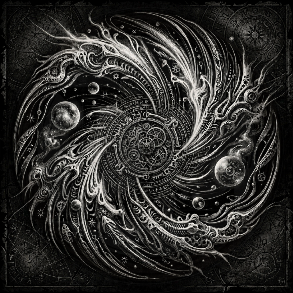 Black and white intricate design with celestial elements on a dark background
