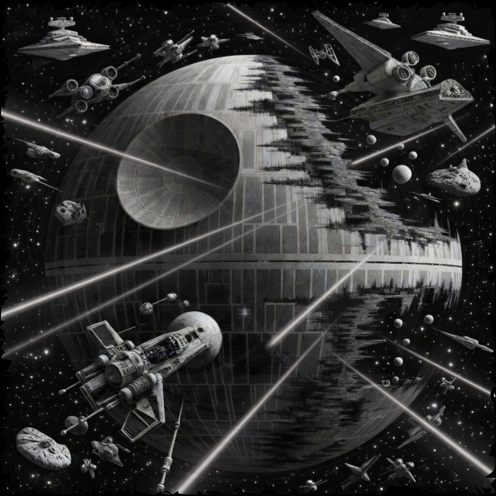 Black and white illustration of the Death Star with surrounding space ships in a starry space setting.