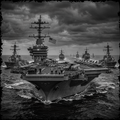 Black and white image of a large naval aircraft carrier with other ships in the background.