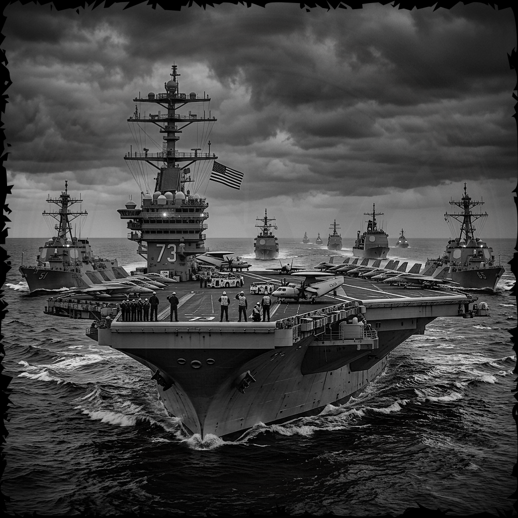 Black and white image of a large naval aircraft carrier with other ships in the background.