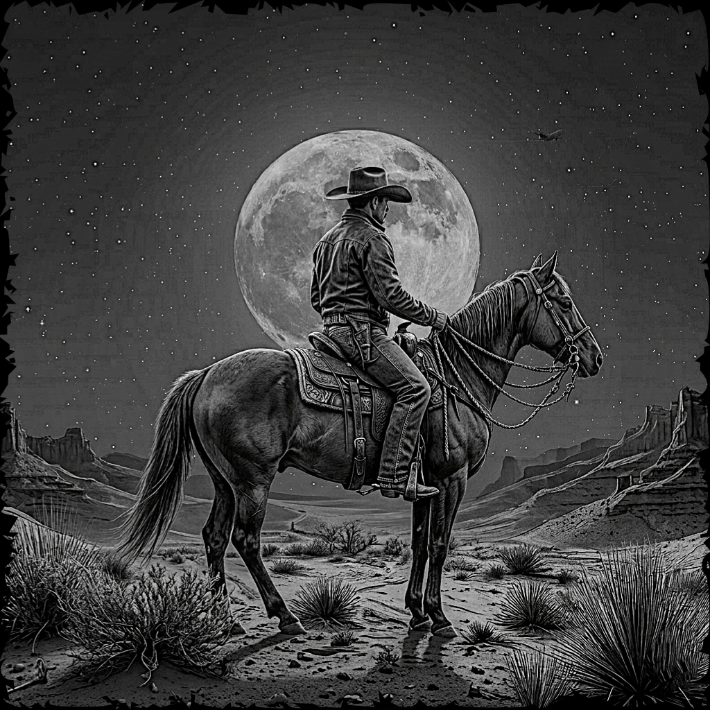 Cowboy on horseback under a full moon in a desert landscape