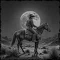Cowboy on horseback under a full moon in a desert landscape