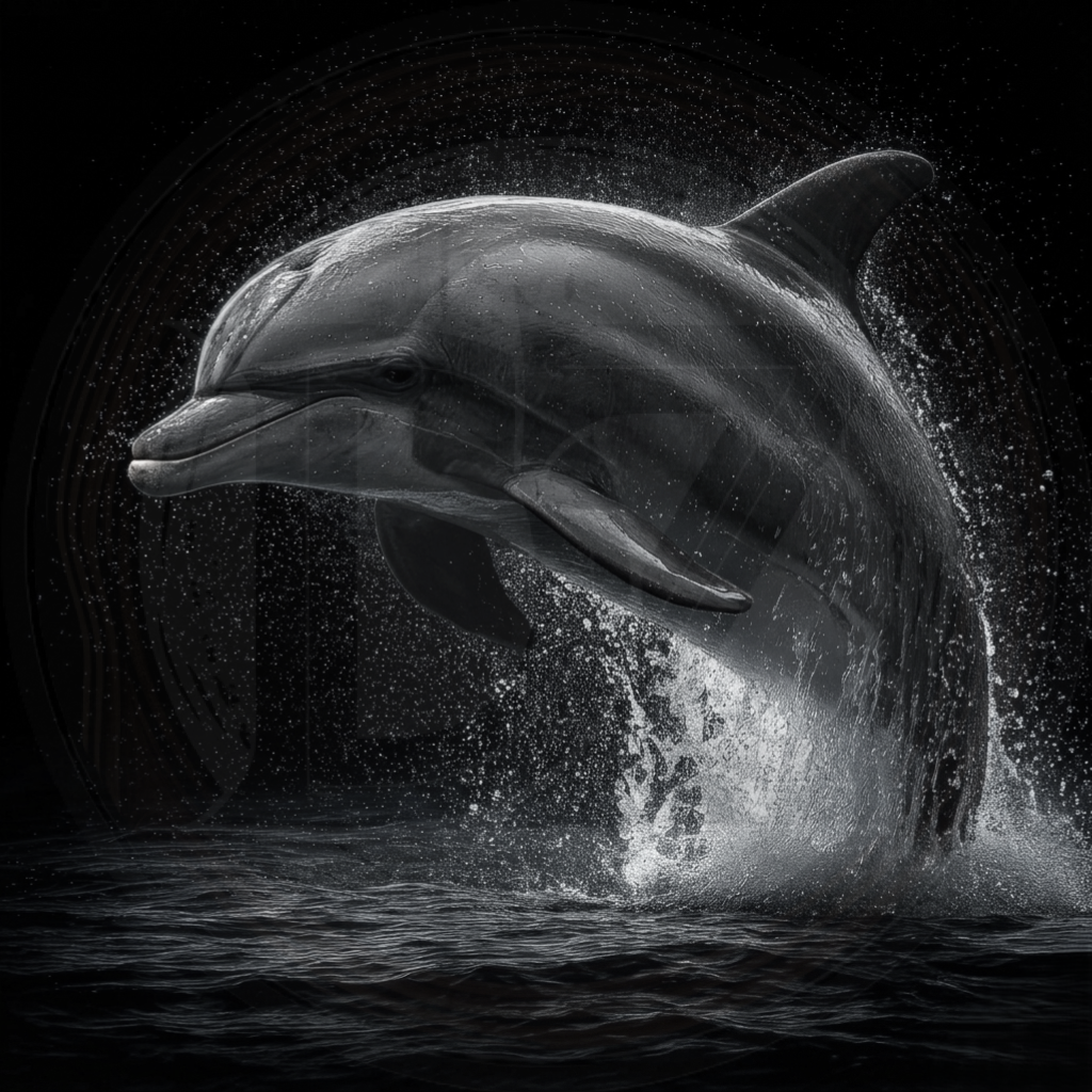 Dolphin leaping out of water against a dark background