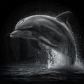 Dolphin leaping out of water against a dark background