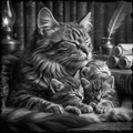 Black and white image of a mother cat and her two kittens sleeping on a bookshelf.