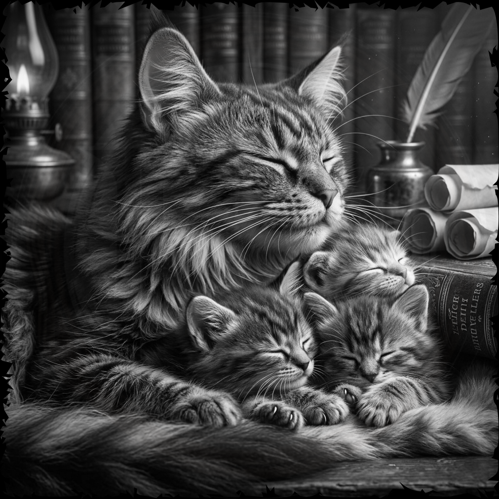 Black and white image of a mother cat and her two kittens sleeping on a bookshelf.