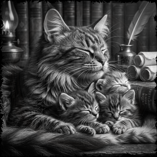 Black and white image of a mother cat and her two kittens sleeping on a bookshelf.