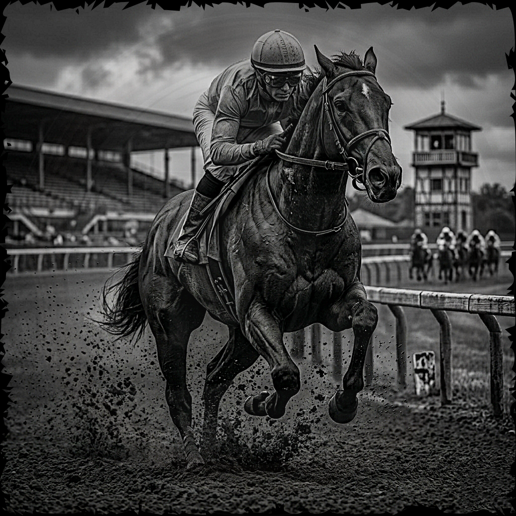 Horse and jockey racing on a track with stands in the background