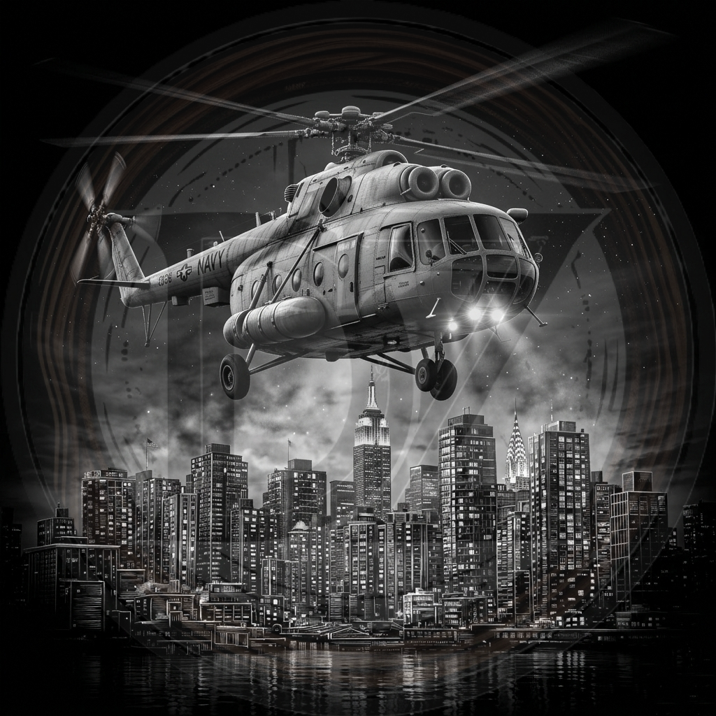 Helicopter flying over a cityscape at night