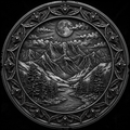 Decorative round emblem with mountain landscape, moon, and trees on a black background