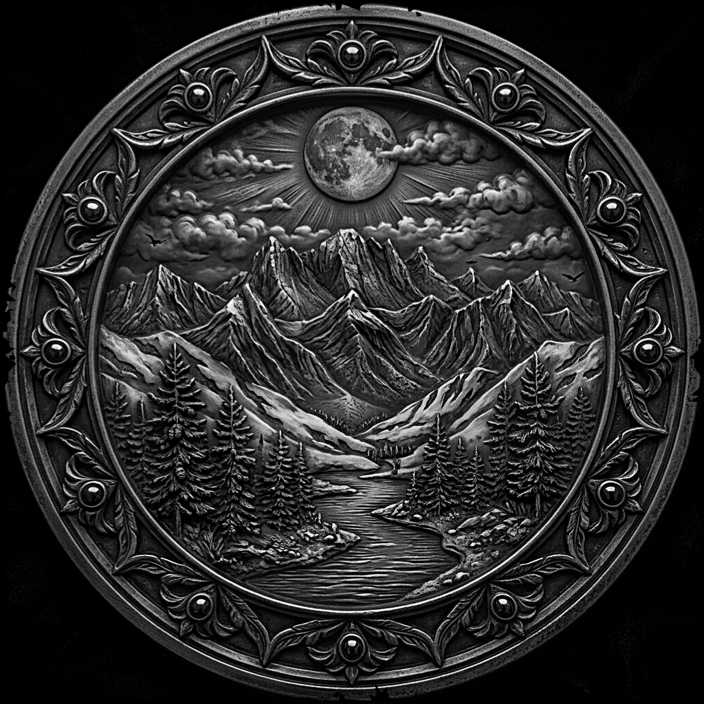 Decorative round emblem with mountain landscape, moon, and trees on a black background
