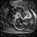 Two dragons entwined around a yin yang symbol in a rocky, ancient setting.