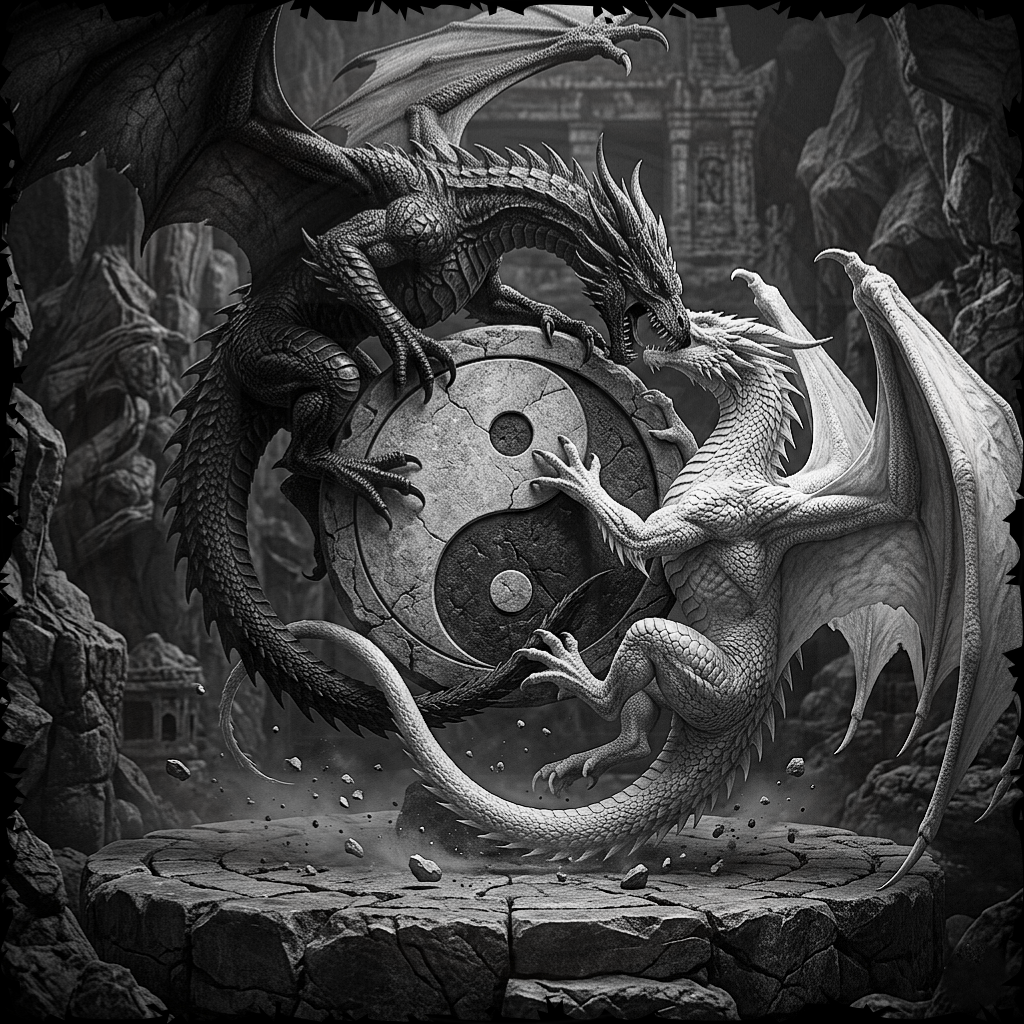 Two dragons entwined around a yin yang symbol in a rocky, ancient setting.