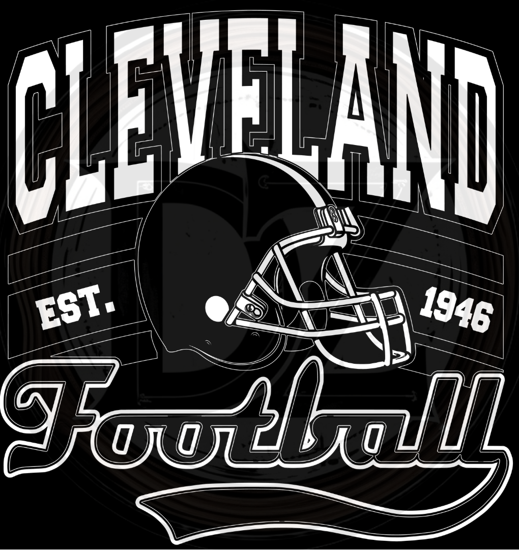 Black and white graphic of a football helmet with 'Cleveland Football' text