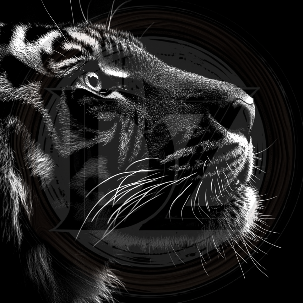 Black and white close-up of a tiger's face with a dark circular background