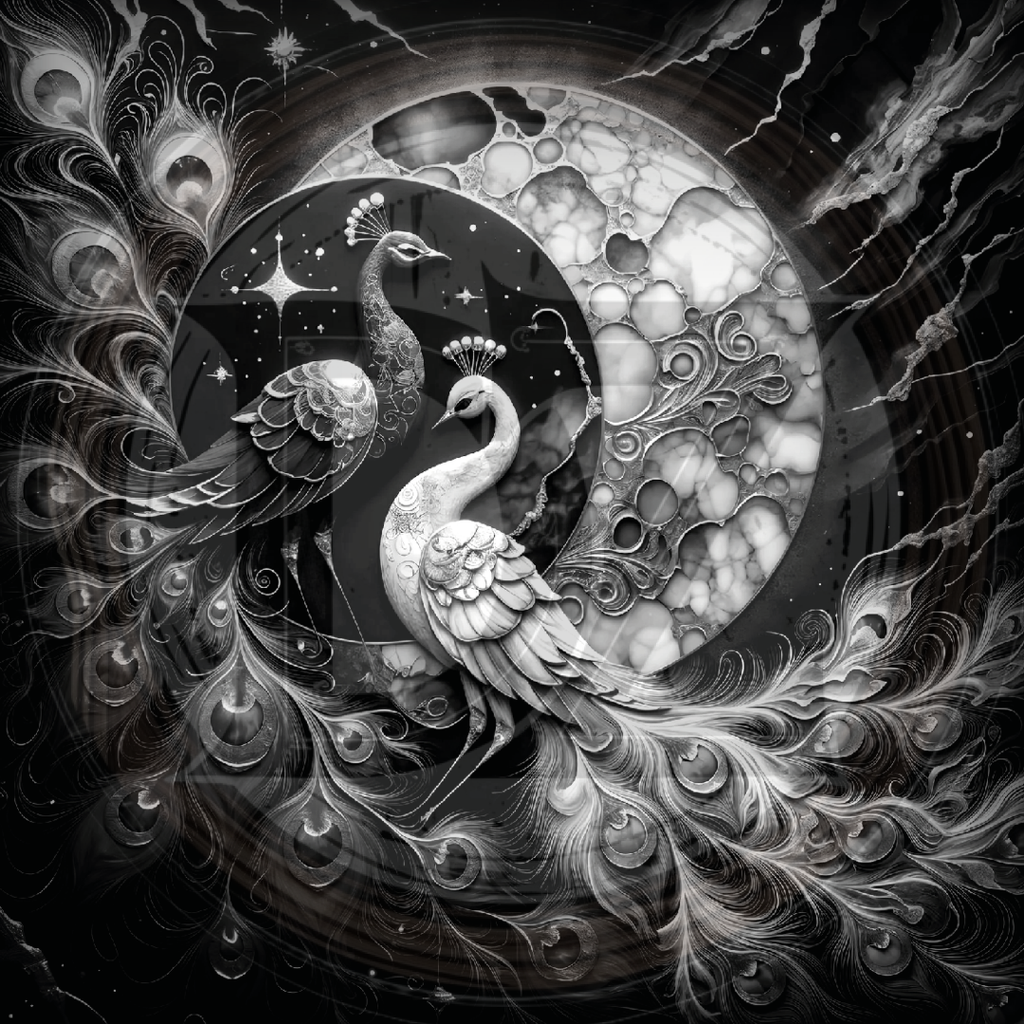 Artistic depiction of peacocks with intricate feather details and abstract elements.
