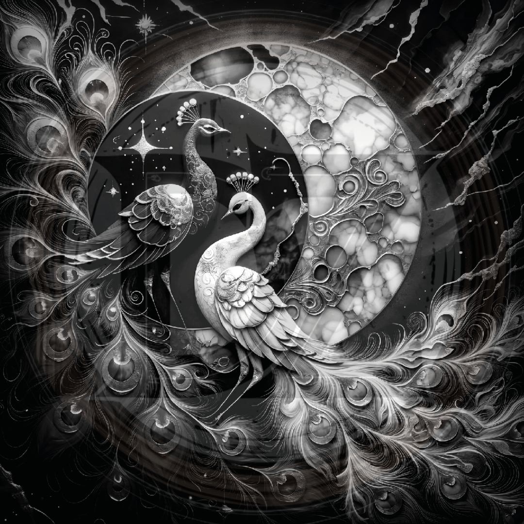 Artistic depiction of peacocks with intricate feather details and abstract elements.