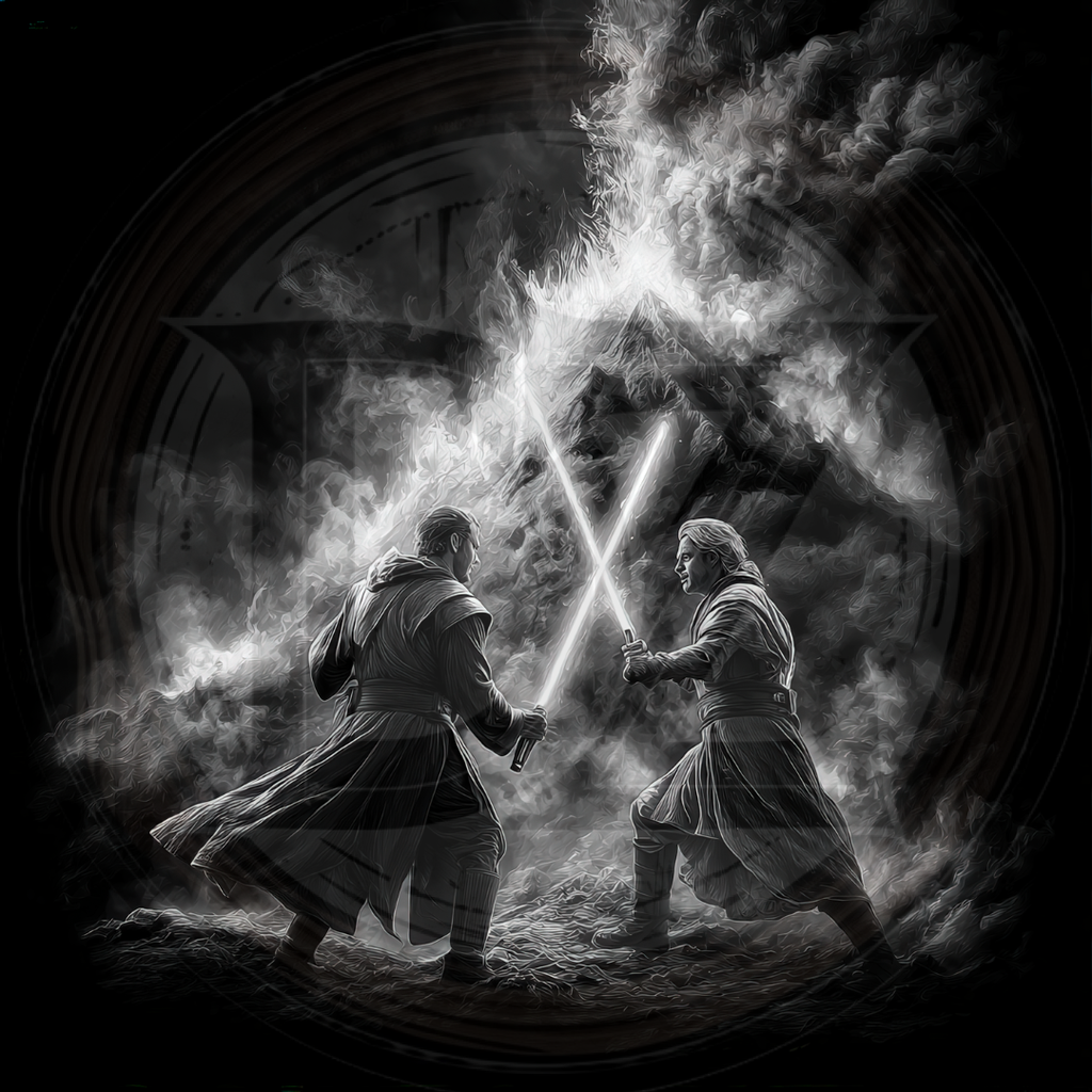 Two figures in a dramatic duel with lightsabers against a dark, cloud-filled sky.
