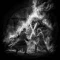 Two figures in a dramatic duel with lightsabers against a dark, cloud-filled sky.