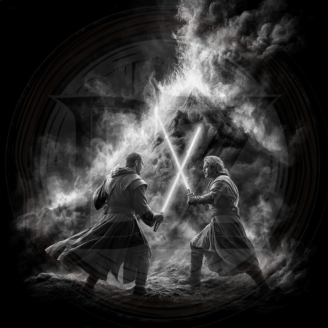 Two figures in a dramatic duel with lightsabers against a dark, cloud-filled sky.