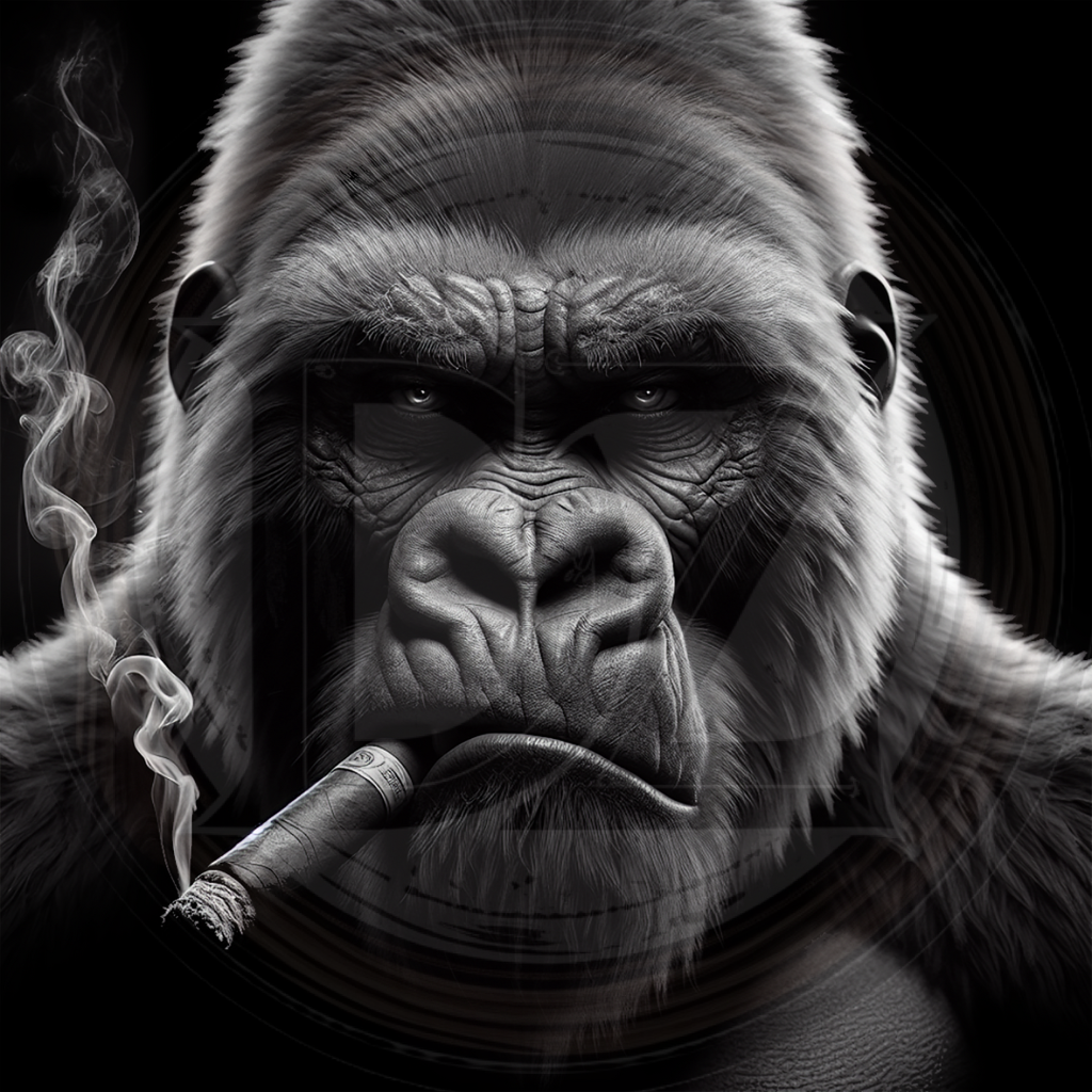 Black and white illustration of a gorilla smoking a cigar with a dark background