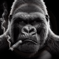 Black and white illustration of a gorilla smoking a cigar with a dark background