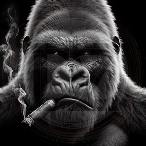 Black and white illustration of a gorilla smoking a cigar with a dark background