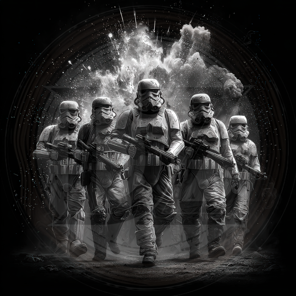 Five stormtroopers in a line with a dramatic background