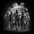 Five stormtroopers in a line with a dramatic background