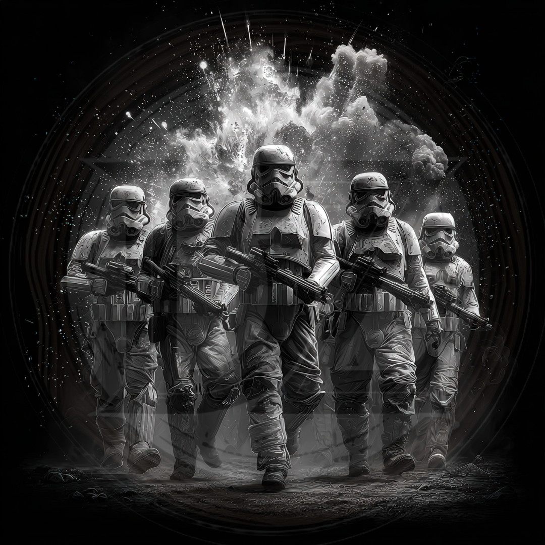 Five stormtroopers in a line with a dramatic background