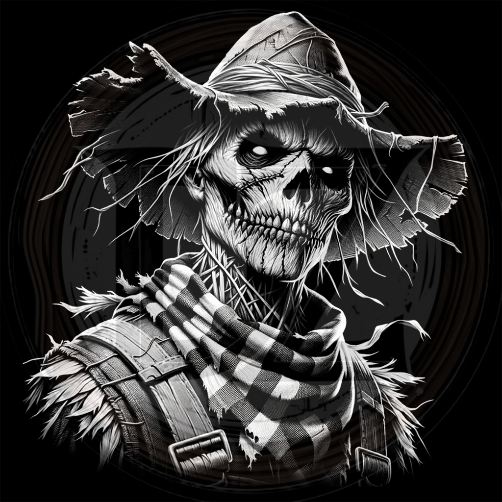 Black and white illustration of a skeleton scarecrow with a checkered scarf