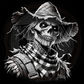 Black and white illustration of a skeleton scarecrow with a checkered scarf